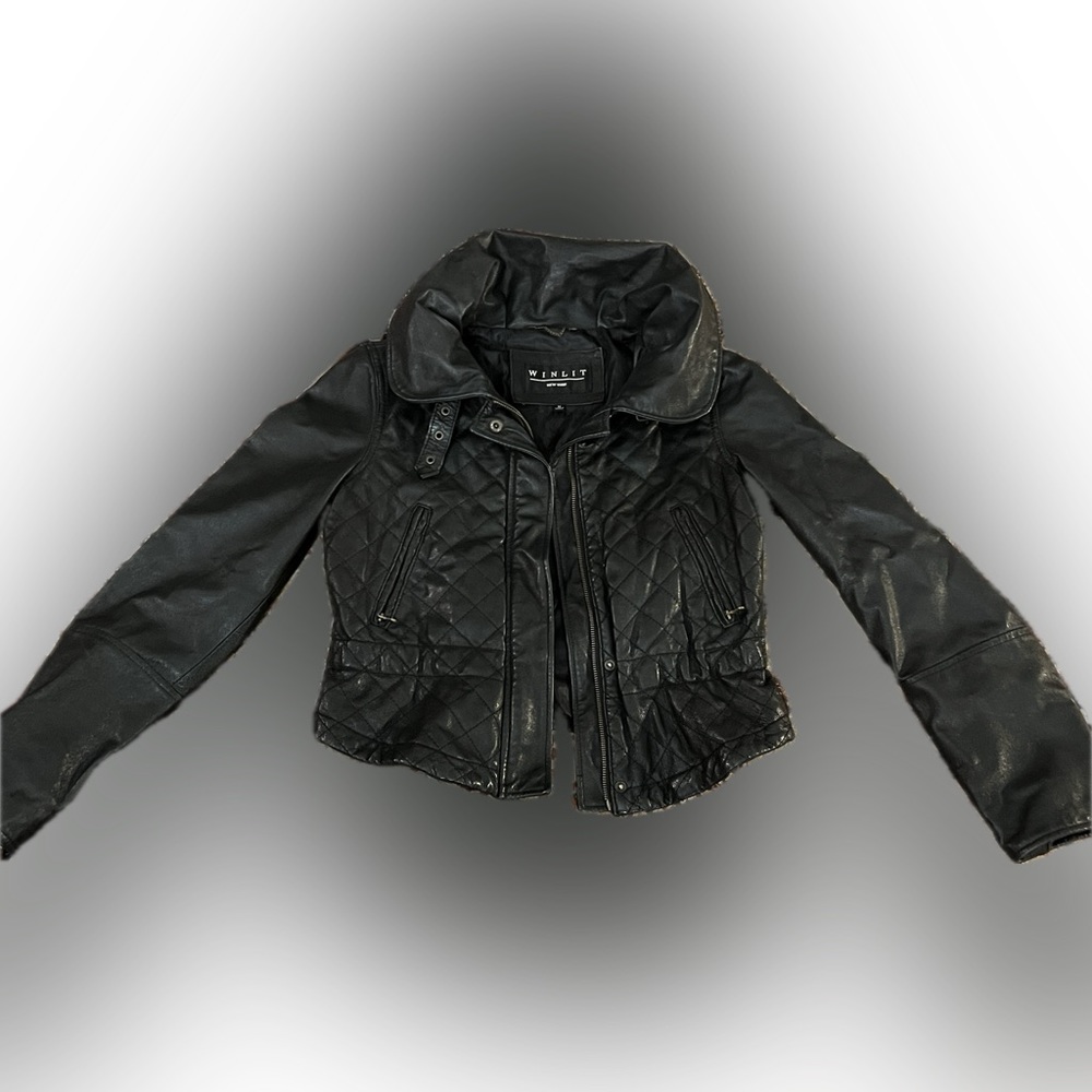 WinLit Black Leather Zip Up Jacket Oversized Collar Luxury Elegant Formal Casual
